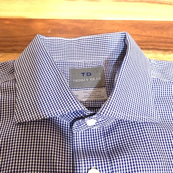 Thomas Dean Mens Blue Gingham Check Dress Shirt 16R Long Sleeve‎ Button Down - Picture 3 of 11